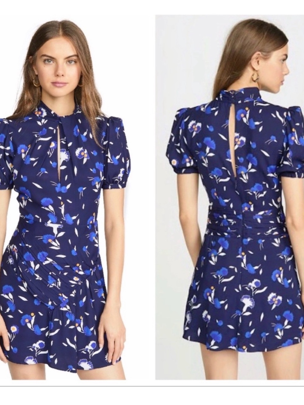 Self-Portrait Navy Floral Tie-Neck Mini Dress